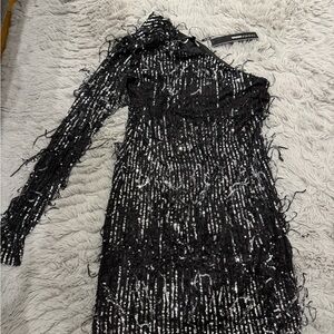 Fashion Nova Black One-Shoulder Sequin Fringe Dress